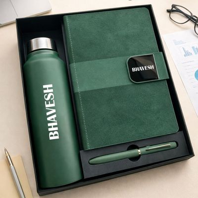 Personalized Velmont Executive Diary, Pen &amp; Bottle Combo - Emerald Forest Colour