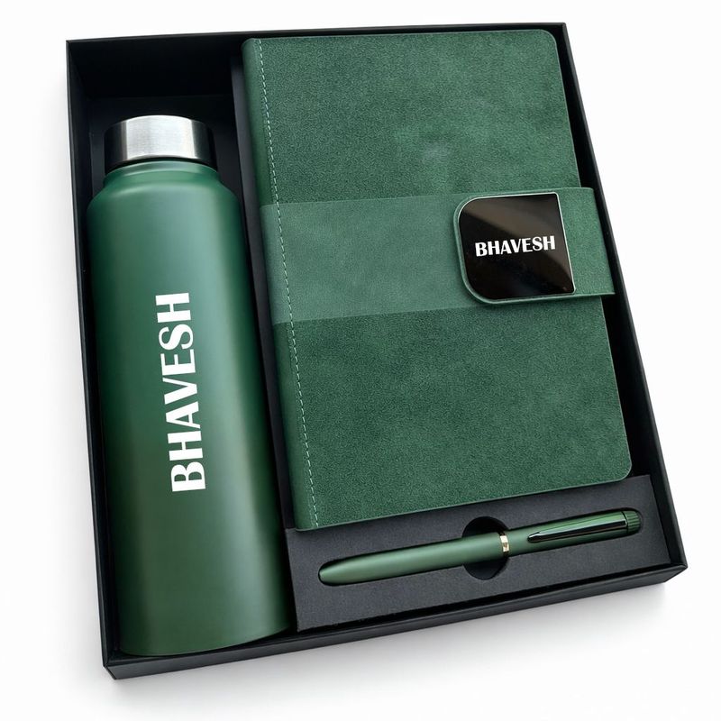 Personalized Velmont Executive Diary, Pen &amp; Bottle Combo - Emerald Forest Colour