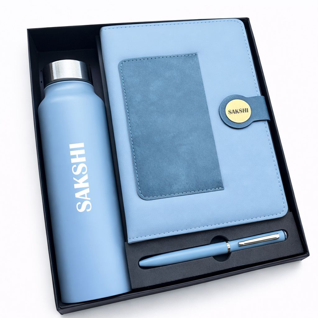 Personalized Blue dual Shade Diary , Pen &amp; Bottle Combo