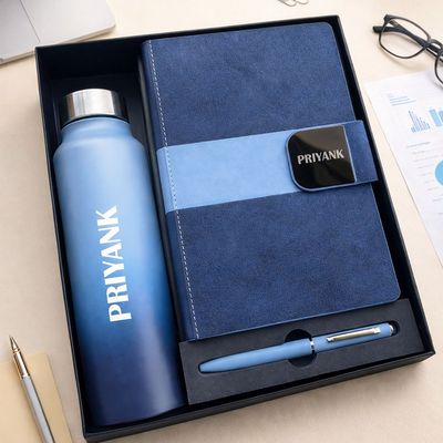 Personalized Velmont Executive Diary , Pen &amp; Bottle Combo - Midnight Navy Blue Colour