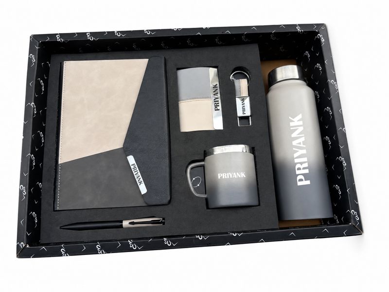Personalized Corporate Gift Hamper – 6 Pc Executive Gift Set - Urban Edge Pro Diary - Stone Grey &amp; Onyx Edition