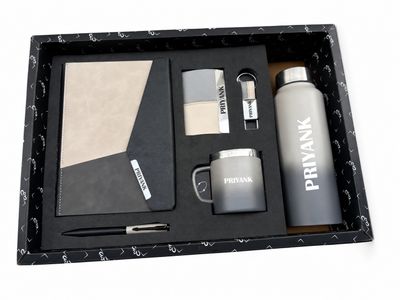 Personalized Corporate Gift Hamper – 6 Pc Executive Gift Set - Urban Edge Pro Diary - Stone Grey &amp; Onyx Edition