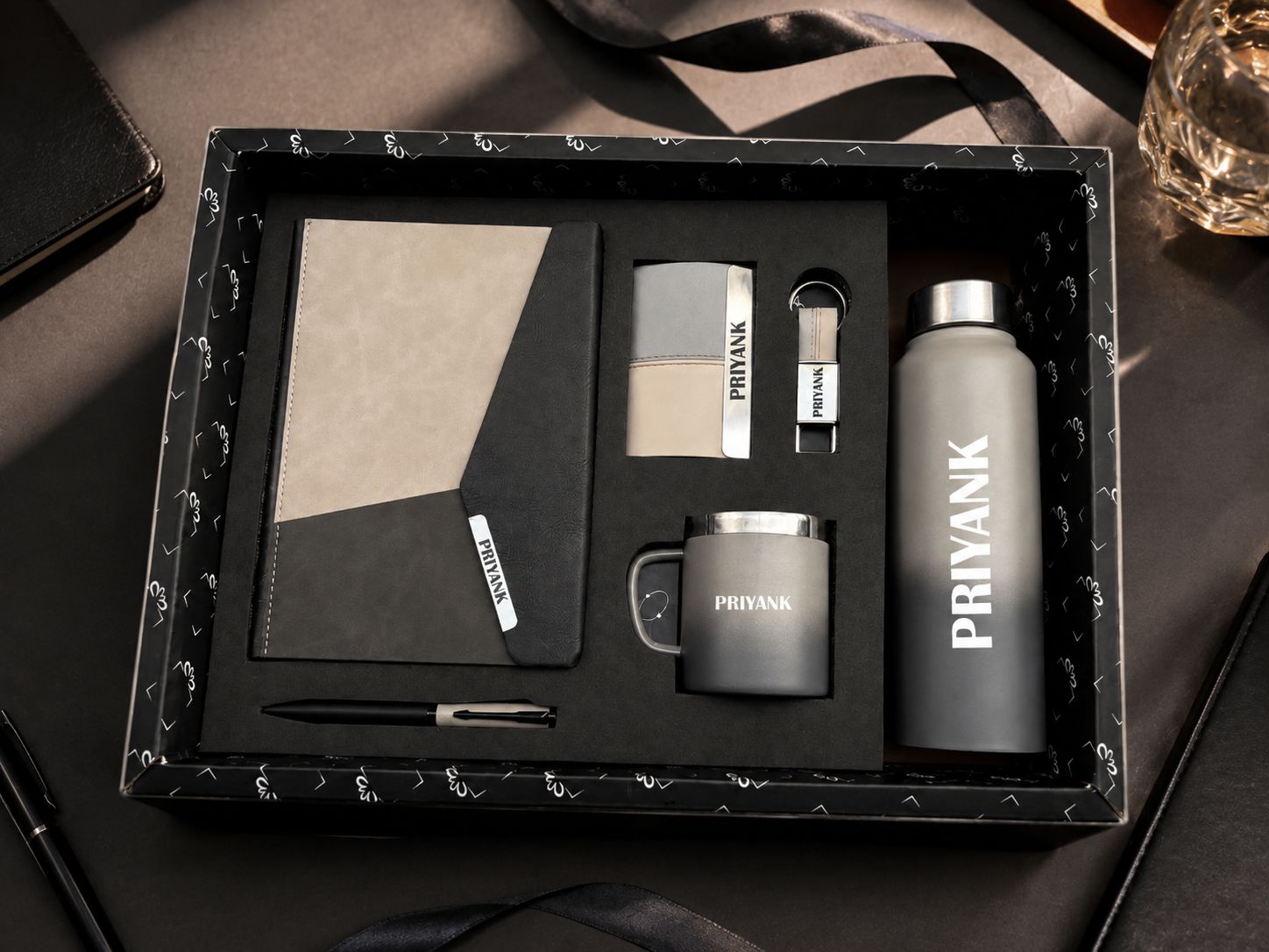 Personalized Corporate Gift Hamper – 6 Pc Executive Gift Set - Urban Edge Pro Diary - Stone Grey &amp; Onyx Edition