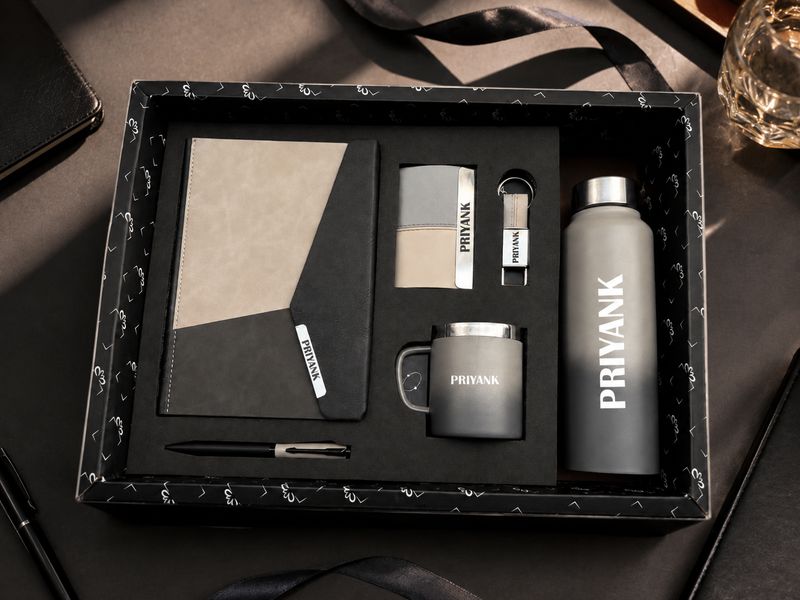 Personalized Corporate Gift Hamper – 6 Pc Executive Gift Set - Urban Edge Pro Diary - Stone Grey &amp; Onyx Edition