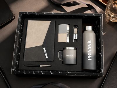 Personalized Corporate Gift Hamper – 6 Pc Executive Gift Set - Urban Edge Pro Diary - Stone Grey &amp; Onyx Edition