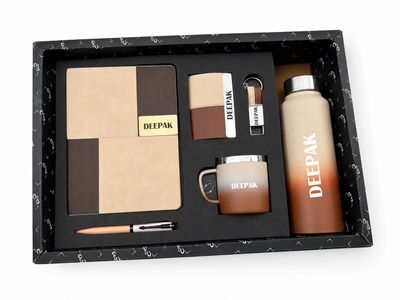 Personalized Corporate Gift Hamper – 6 Pc Executive Gift Set - Vertex Pro Diary - Royal Mocha Gold Colour