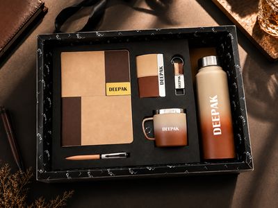 Personalized Corporate Gift Hamper – 6 Pc Executive Gift Set - Vertex Pro Diary - Royal Mocha Gold Colour