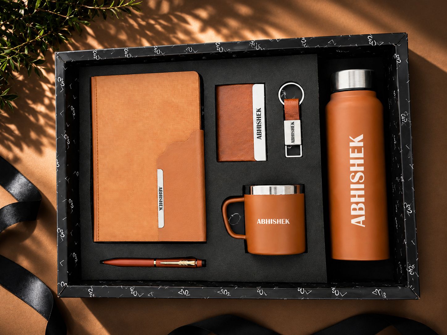 Personalized Corporate Gift Hamper – 6 Pc Executive Gift Set - Strivo Diary - Tan Colour