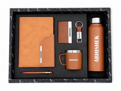 Personalized Corporate Gift Hamper – 6 Pc Executive Gift Set - Strivo Diary - Tan Colour