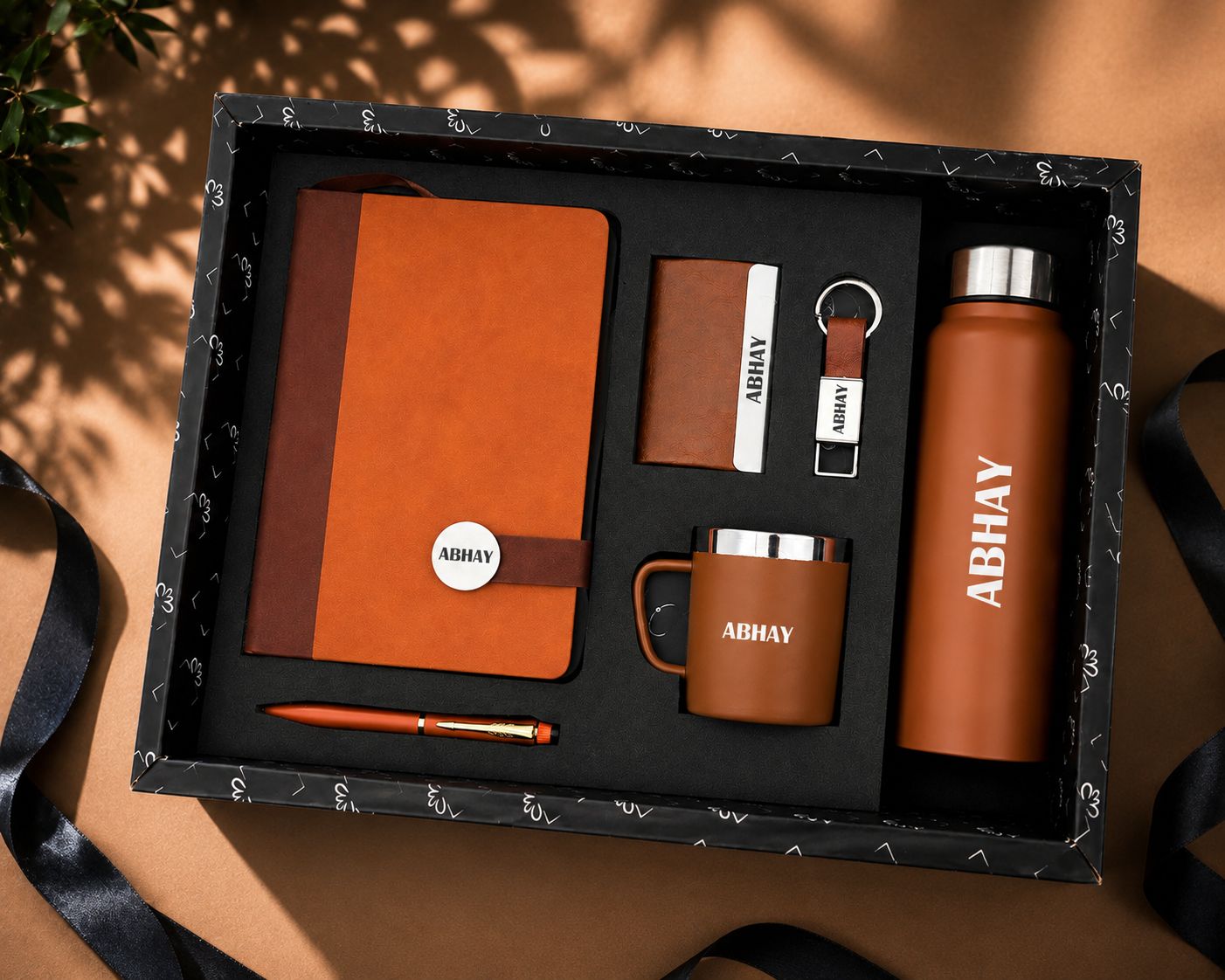 Personalized Corporate Gift Hamper – 6 Pc Executive Gift Set - Executive Slate Journal - Classic Ember Tan Colour