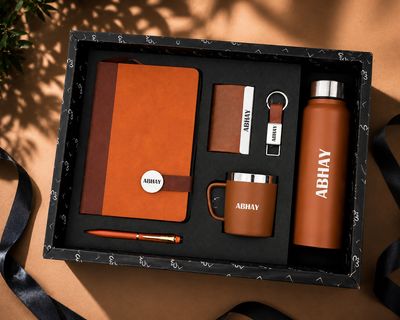 Personalized Corporate Gift Hamper – 6 Pc Executive Gift Set - Executive Slate Journal - Classic Ember Tan Colour