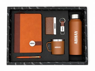 Personalized Corporate Gift Hamper – 6 Pc Executive Gift Set - Executive Slate Journal - Classic Ember Tan Colour