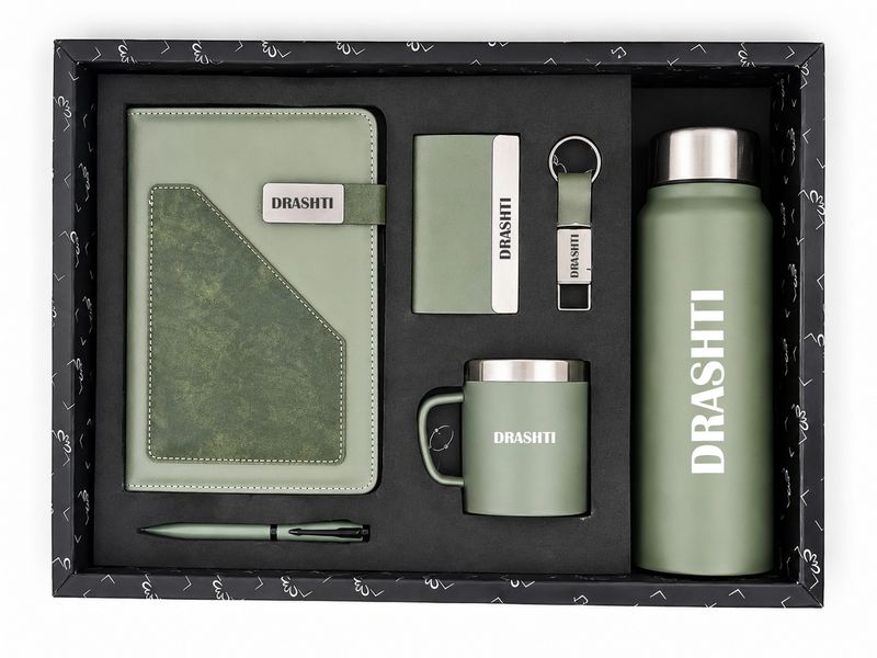 Personalized Corporate Gift Hamper – 6 Pc Executive Gift Set - Terra Luxe Diary - Sage Green Colour