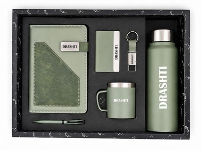 Personalized Corporate Gift Hamper – 6 Pc Executive Gift Set - Terra Luxe Diary - Sage Green Colour