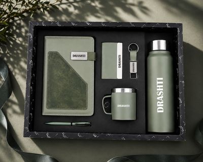 Personalized Corporate Gift Hamper – 6 Pc Executive Gift Set - Terra Luxe Diary - Sage Green Colour