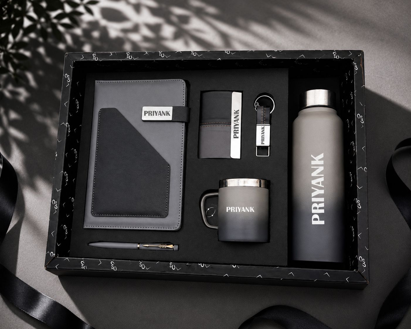 Personalized Corporate Gift Hamper – 6 Pc Executive Gift Set - Terra Luxe Diary - Charcoal Black Colour
