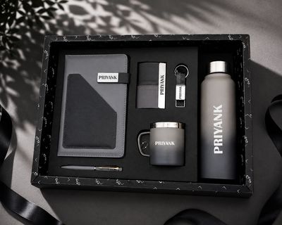 Personalized Corporate Gift Hamper – 6 Pc Executive Gift Set - Terra Luxe Diary - Charcoal Black Colour