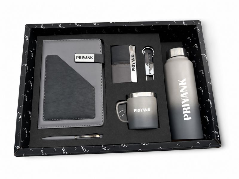 Personalized Corporate Gift Hamper – 6 Pc Executive Gift Set - Terra Luxe Diary - Charcoal Black Colour