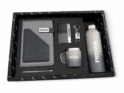 Personalized Corporate Gift Hamper – 6 Pc Executive Gift Set - Terra Luxe Diary - Charcoal Black Colour