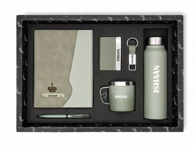 Personalized Corporate Gift Hamper – 6 Pc Executive Gift Set - Urban Earth Diary - Pistachio Calm Green Colour