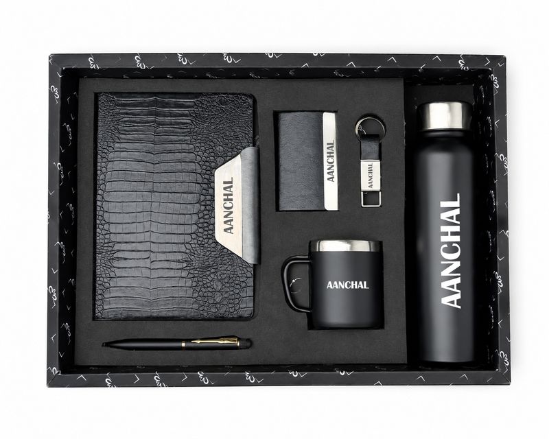 Personalized Corporate Gift Hamper – 6 Pc Executive Gift Set - Alpha Croc Diary - Imperial Black Colour