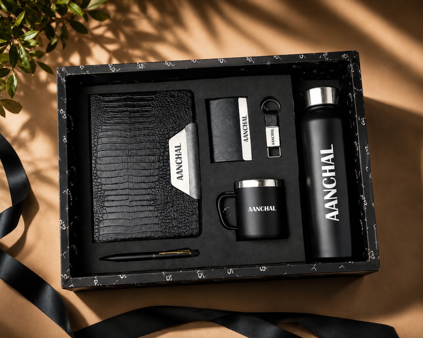 Personalized Corporate Gift Hamper – 6 Pc Executive Gift Set - Alpha Croc Diary - Imperial Black Colour