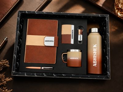 Personalized Corporate Gift Hamper – 6 Pc Executive Gift Set - Velmont Executive Diary - Vintage Walnut Colour