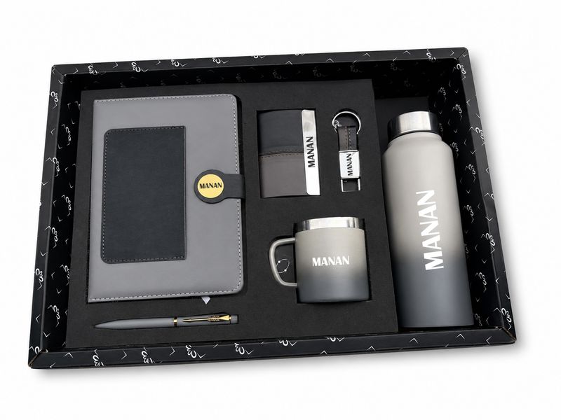 Personalized Corporate Gift Hamper – 6 Pc Executive Gift Set - Dual Colour Diary - Grey Black Colour