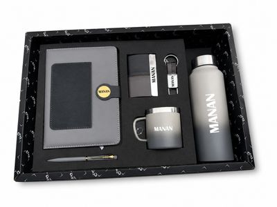 Personalized Corporate Gift Hamper – 6 Pc Executive Gift Set - Dual Colour Diary - Grey Black Colour