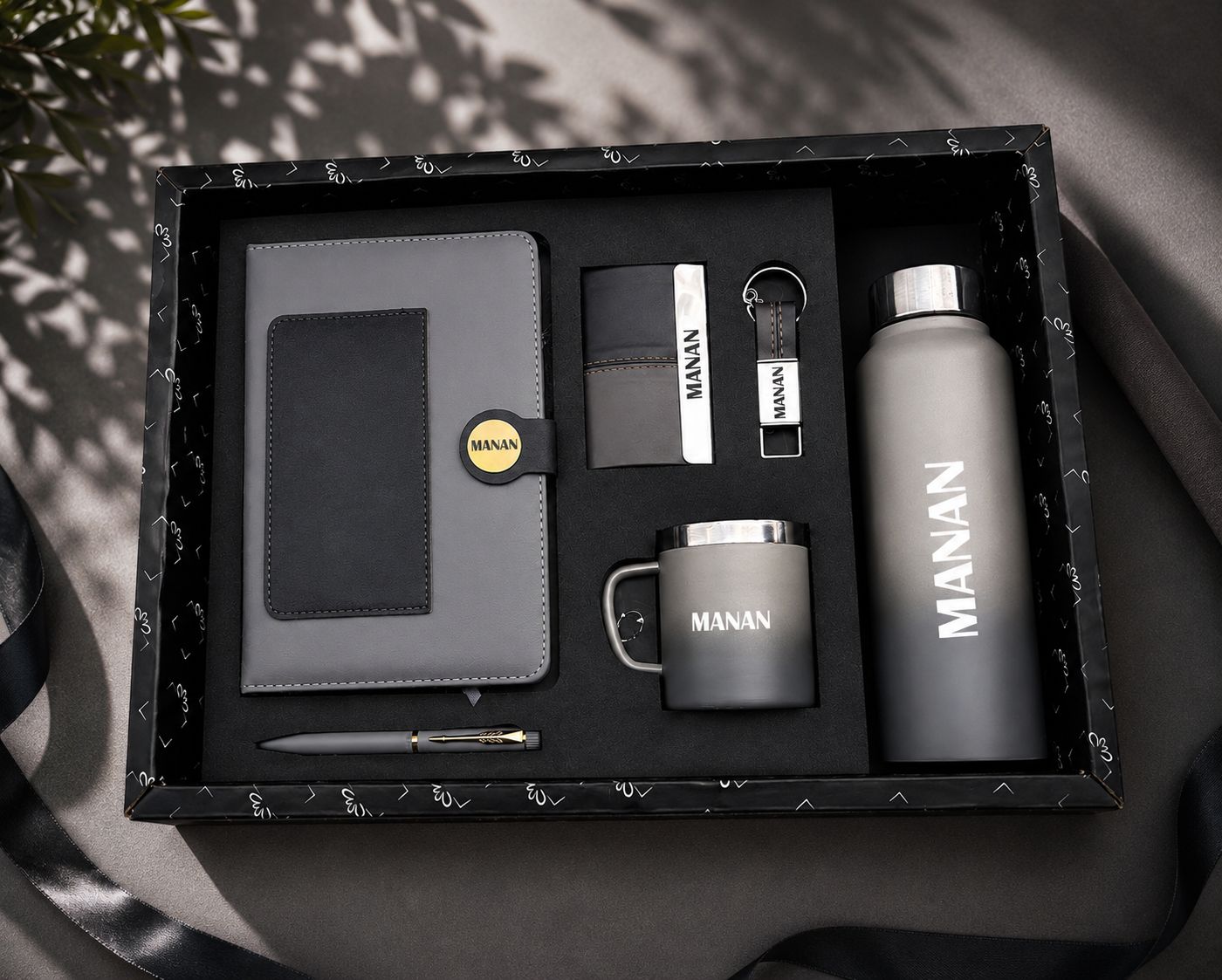Personalized Corporate Gift Hamper – 6 Pc Executive Gift Set - Dual Colour Diary - Grey Black Colour