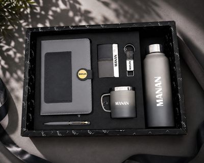 Personalized Corporate Gift Hamper – 6 Pc Executive Gift Set - Dual Colour Diary - Grey Black Colour