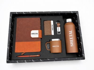 Personalized Corporate Gift Hamper – 6 Pc Executive Gift Set - Duo Tone Pro Diary - Saddle Tan Colour
