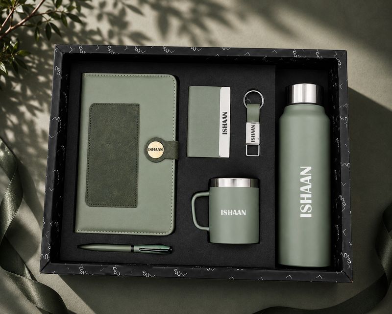 Personalized Corporate Gift Hamper – 6 Pc Executive Gift Set - Dual Colour Diary - Green Colour