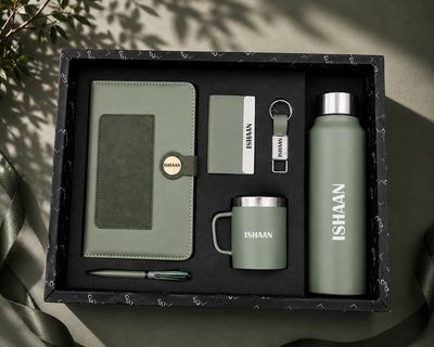 Personalized Corporate Gift Hamper – 6 Pc Executive Gift Set - Dual Colour Diary - Green Colour