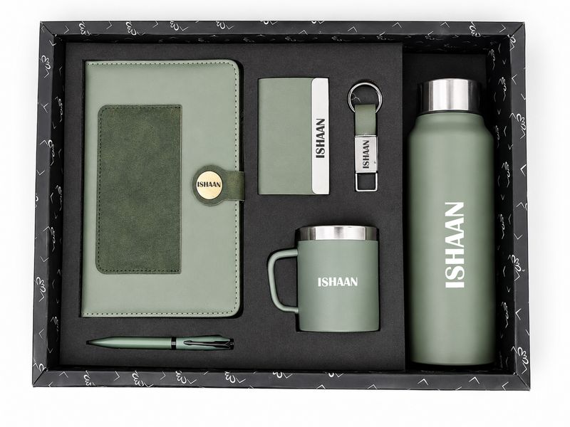 Personalized Corporate Gift Hamper – 6 Pc Executive Gift Set - Dual Colour Diary - Green Colour