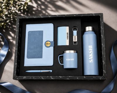 Personalized Corporate Gift Hamper – 6 Pc Executive Gift Set -Dual Colour Diary - Blue Colour