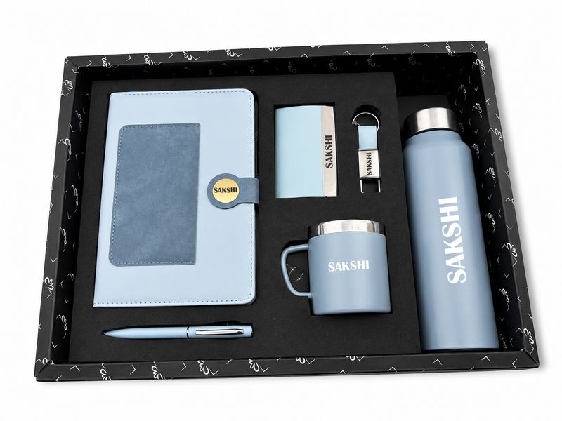 Personalized Corporate Gift Hamper – 6 Pc Executive Gift Set -Dual Colour Diary - Blue Colour