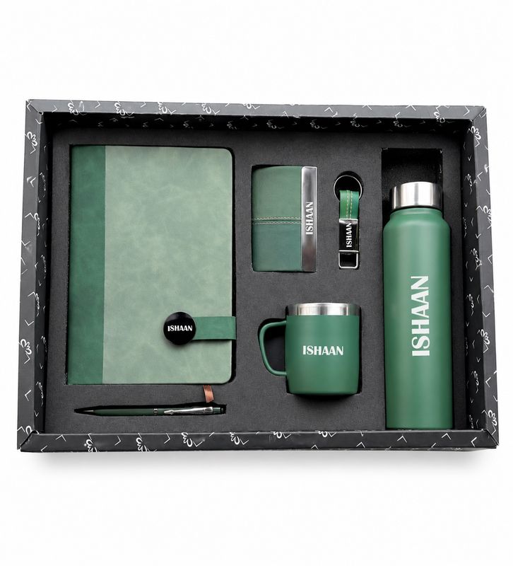 Personalized Corporate Gift Hamper – 6 Pc Executive Gift Set - Executive Slate Journal - Heritage Moss Green Colour