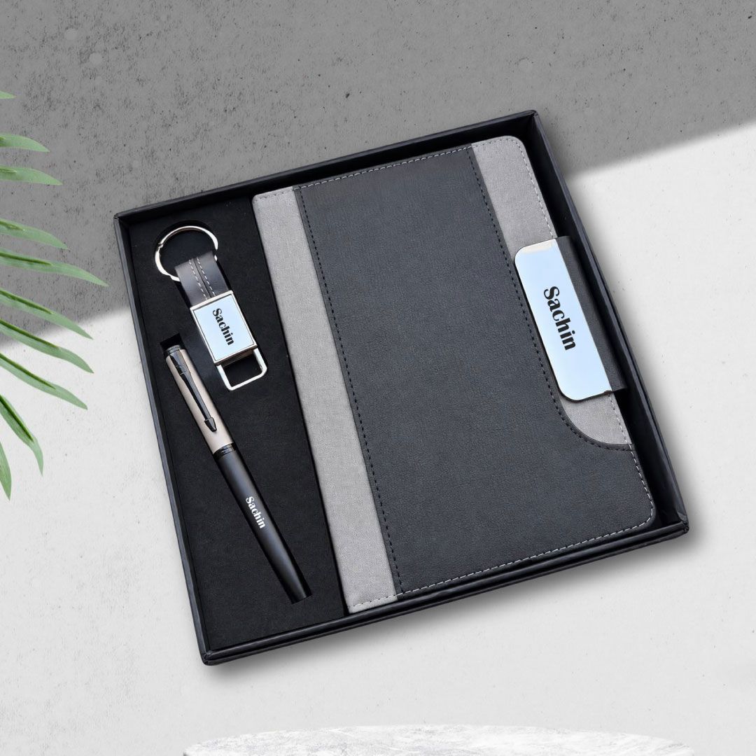 Personalized  Titan Edge Diary, Pen, Keychain Combo (Graphite Grey Colour)