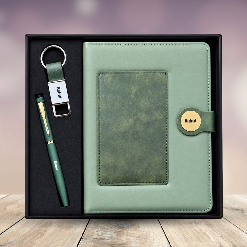 Personalized  Dual Colour Diary, Pen, Keychain Combo (Green Colour)