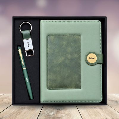 Personalized  Dual Colour Diary, Pen, Keychain Combo (Green Colour)