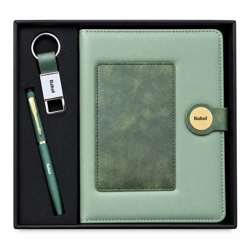 Personalized  Dual Colour Diary, Pen, Keychain Combo (Green Colour)