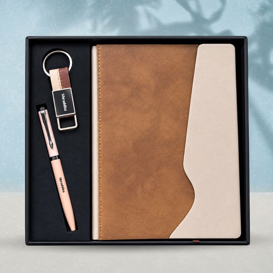 Personalized Urban Earth Diary, Pen, Keychain Combo (Caramel Dune Colour)