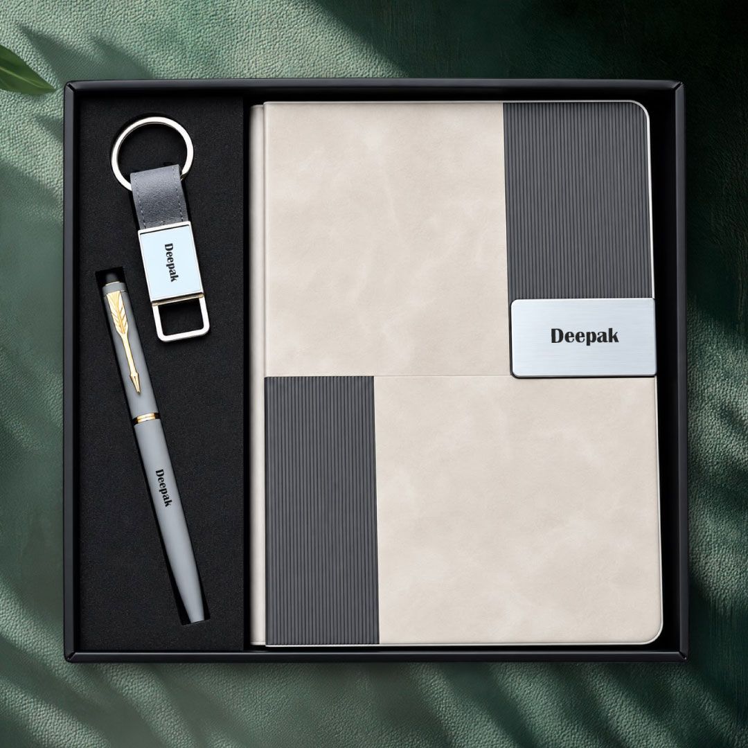 Personalized Vertex Pro Diary, Pen, Keychain Combo (Titanium Grey Colour)