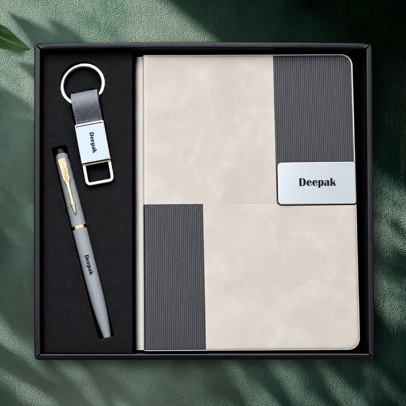 Personalized Vertex Pro Diary, Pen, Keychain Combo (Titanium Grey Colour)