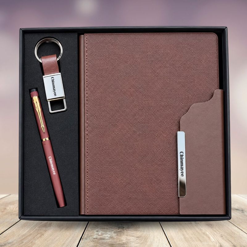 Personalized Strivo Diary, Pen, Keychain Combo (Brown Colour)
