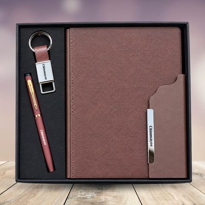 Personalized Strivo Diary, Pen, Keychain Combo (Brown Colour)