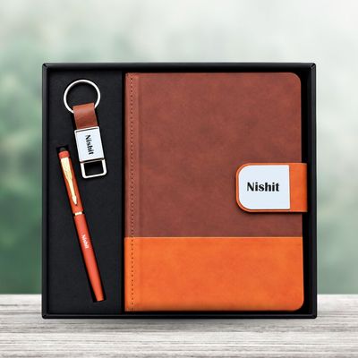 Personalized  DuoTone Pro Diary, Pen, Keychain Combo (Saddle Tan Colour)