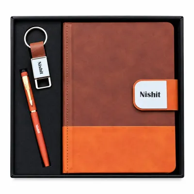 Personalized  DuoTone Pro Diary, Pen, Keychain Combo (Saddle Tan Colour)