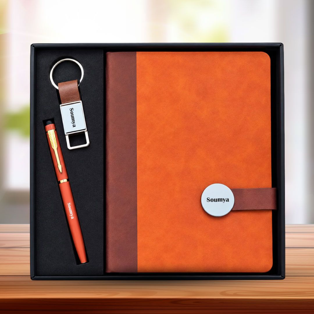 Personalized  Executive Slate Diary, Pen, Keychain Combo (Classic Ember Colour)